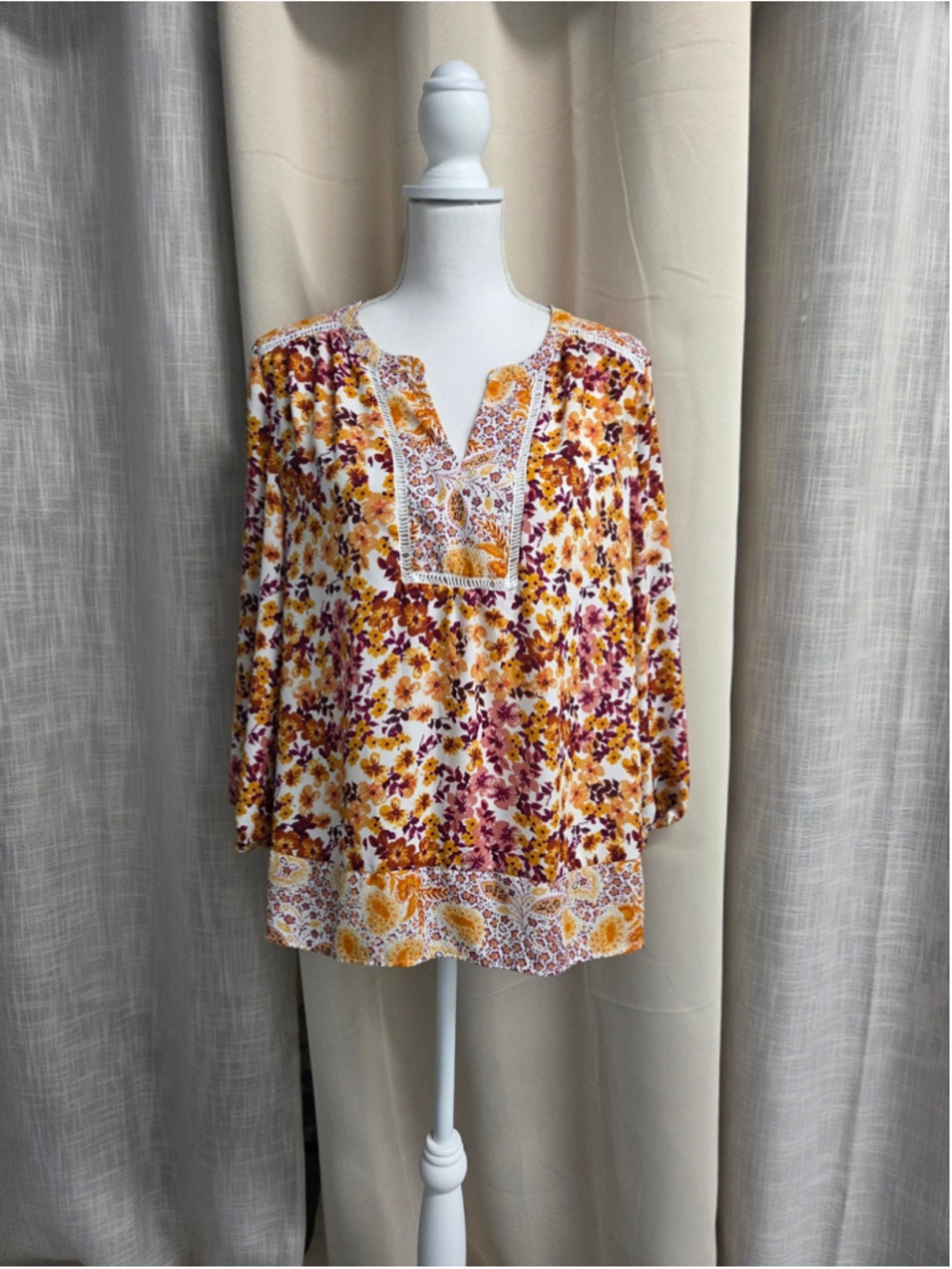 DR2 Floral Split-Neck Blouse in Mustard Plum Boho Festival Size L